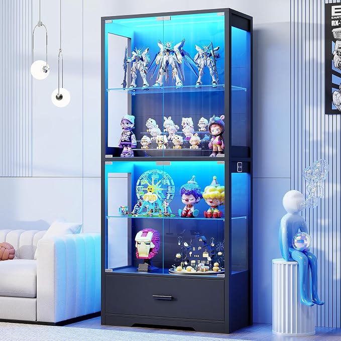 BROTTAR 4-Tier Display Cabinet with Glass Doors and Drawer for Collectibles | Glass Display Case with 3-Color Lights & Human Body Sensor, Curio Cabinets with Adjustable Shelves for Living Room, Black