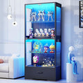 BROTTAR 4-Tier Display Cabinet with Glass Doors and Drawer for Collectibles | Glass Display Case with 3-Color Lights & Human Body Sensor, Curio Cabinets with Adjustable Shelves for Living Room, Black