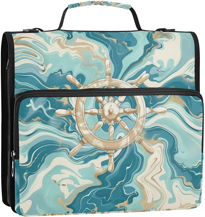 ALAZA Compass on Marble Background Zipper Binder 1.5 inch 3 Ring Binder Organizer with Shoulder Strap and Handle for Home Office Work
