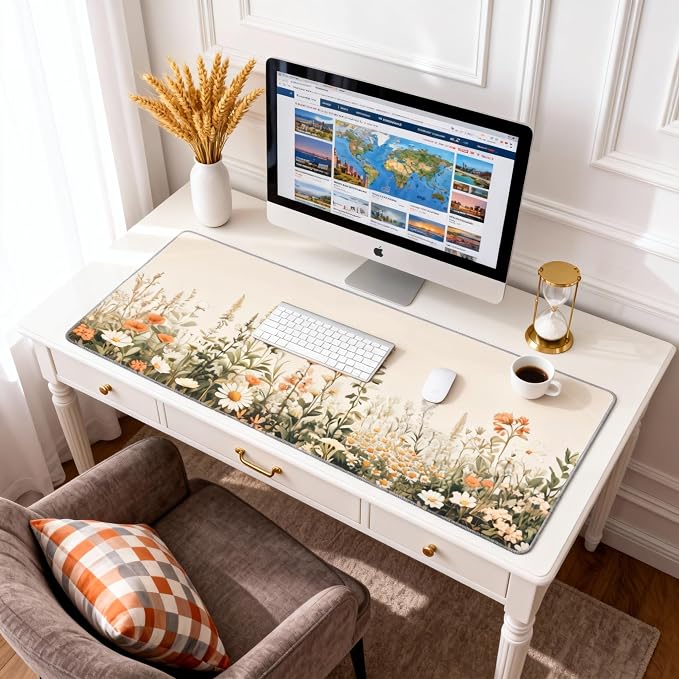 Floral Aesthetic Wildflower Gaming Mouse Pad, Beige Vintage Botanical Desk Mat with Anti-Slip Base & Stitched Edges, Office & Home Desk Decor for Women, 35.4" x 15.7" in Computer Desktop Mat