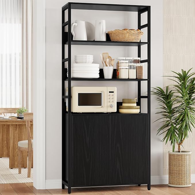 Garvee 71" Tall Bookshelf with Doors and Adjustable Shelf, Black | Industrial Display Standing Shelf Rack with 3-Tier Shelves, Bookcase with Protective Rails for Living Room, Office