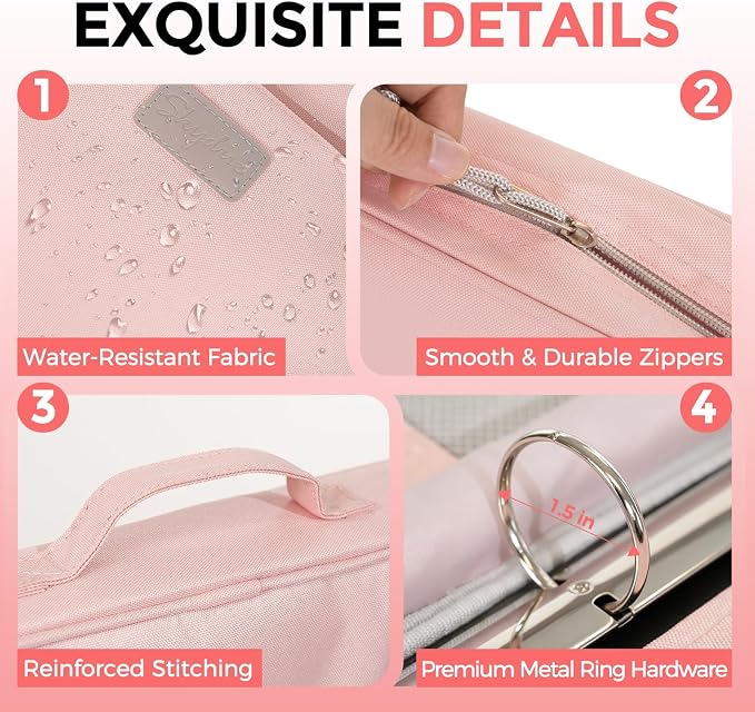 SKYDUE Zipper Binder with Handle, 1.5 Inch 3 Ring, Pink | 550-Sheet Capacity, 5-Tab Dividers Expanding File Folder with Pockets, Cute Organizer Storage for School Supplies