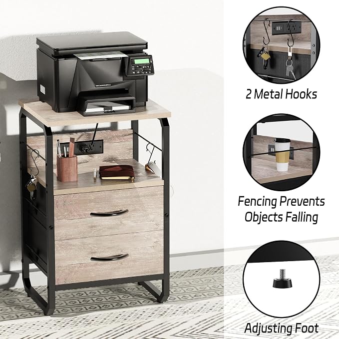 runjuly Small End Table with Charging Station and Hooks, Greige | 2 Fabric Drawers Storage, Type C & USB Ports & Power Outlets, Farmhouse Style, Metal Nightstand for Living Room / Bedroom