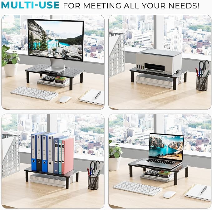 BONTEC Monitor Stand for Desk 2 Pack, Ergonomic Metal Monitor Riser | 3-Level Height Adjustable, 14.5 x 9.1 in Computer Stand with Pen Holder & Cable Management for Laptop and Office Workstation