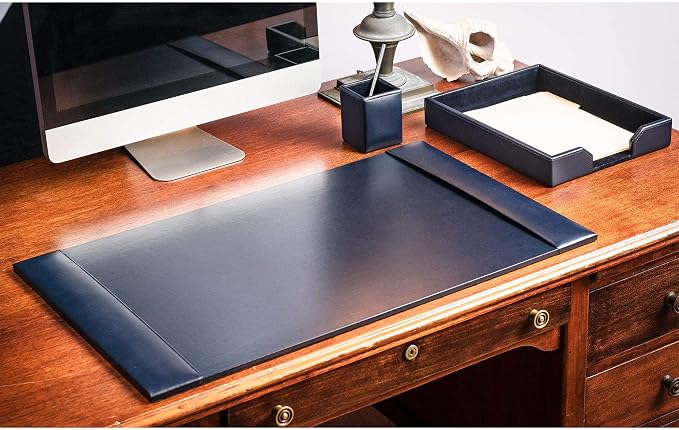 DACASSO Bonded Leather Desk Set - Luxury Leather Desk Pad & Desk Organization Essentials (Navy Blue, 3 Piece)