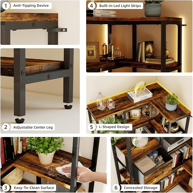 L-Shaped Corner Bookshelf with LED Light Strips & Fabric Drawer, 5-Tier Industrial Convertible Book Shelf Freestanding Display Shelf for Living Room, Home Office, Bedroom (Rustic)