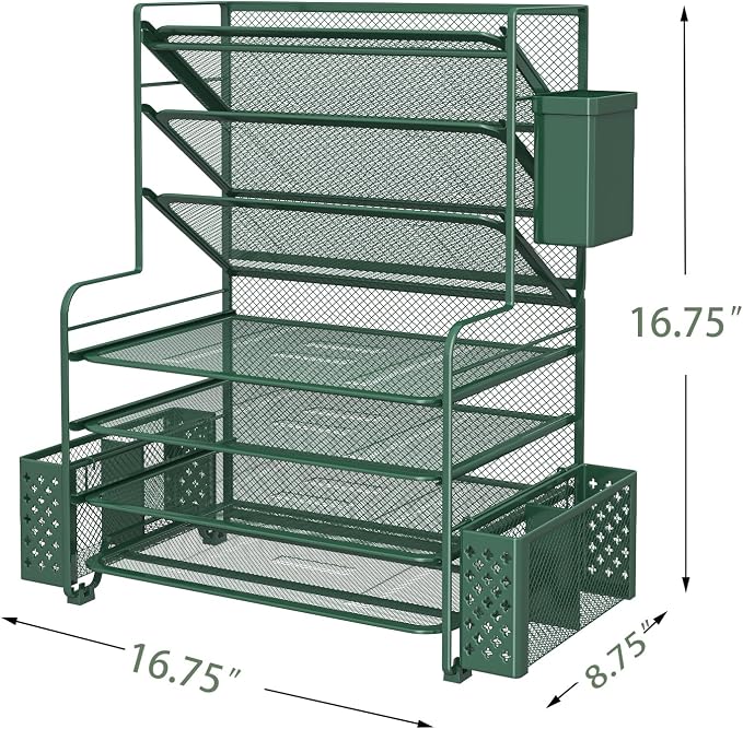 Simple Trending 7 Tier Desk File Organizer, Letter Tray Paper Organizer with Pen Holder and Metal Hanging Basket, Green