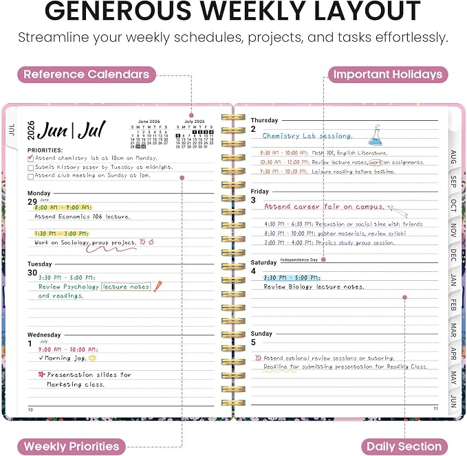 Academic Planner 2026-2027, Jul 2026-Jun 2027 Monthly & Weekly Planner