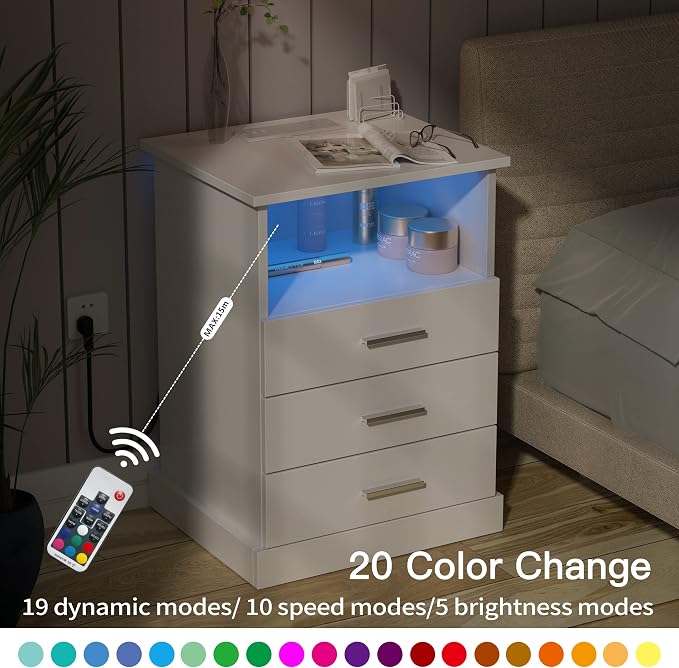 Halitaa Nightstand with Charging Station, LED Lights Side Table with 3 Drawers, End Table for Bedroom Office White