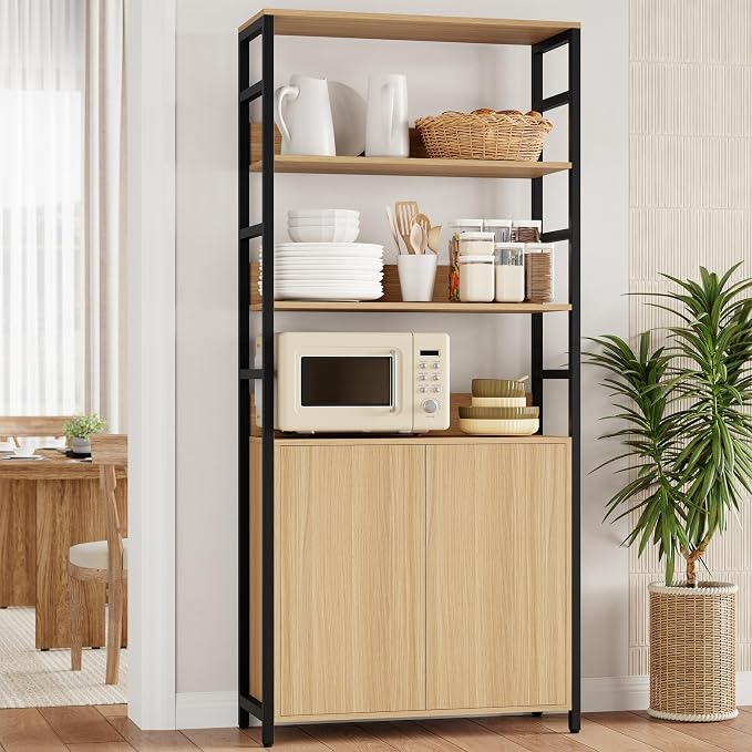 Garvee 71" Tall Bookshelf with Doors and Adjustable Shelf, Natural | Industrial Display Standing Shelf Rack with 3-Tier Shelves, Bookcase with Protective Rails for Living Room, Office