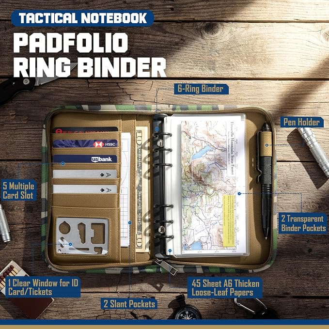 WYNEX Tactical Notebook Padfolio 6 Ring Binder, 3.7x6.7 in Refill Paper | S-5.5x8.5" Zip Hardcover Notebook, 45 Sheets Line Paper, 1"O-ring Water-Resistant Planner, for Office College Field Gift