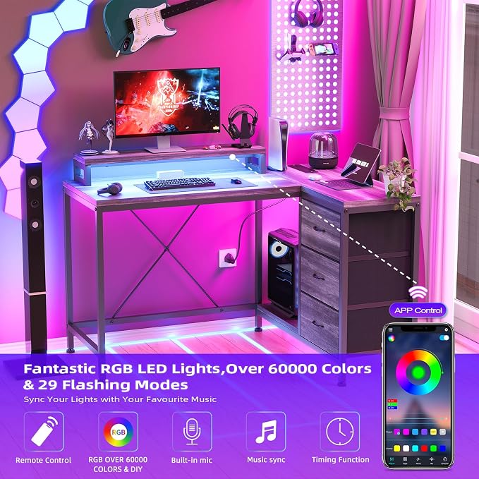 Garvee L-Shaped Computer Desk with Power Outlets & LED Lights - 43-Inch Reversible Corner Gaming Desk with 3 Drawers, Storage Shelves & Removable Monitor Stand, Modern Home Office Desk