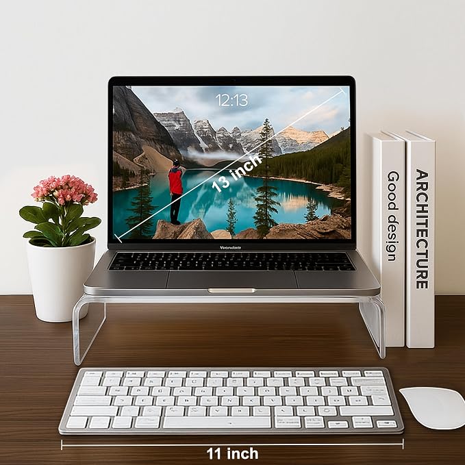 AMT Acrylic Laptop Monitor Stand & Computer Riser with Cat Keyboard Protector, Space-Saving Design, Extra Storage, Clear Shelf - Ideal for Monitors, Laptops, Printers, Desktop Decor