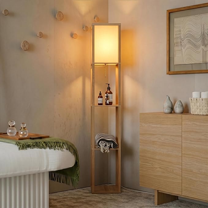 Brightech Maxwell - Modern Shelf Floor Lamp with Lamp Shade & Warm White LED Bulb, Corner Display Floor Lamp with Shelves for Living Room, Bedroom, Nightstand Office, Home Decor Storage - Natural Wood
