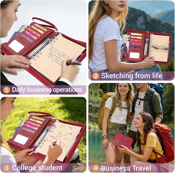 A5 Binder 6 Ring with Zipper, Portable Planner for Travel & Study | Faux leather A5 planner with detachable 6 rings, lined pages, pouches, card slots and pen holder for daily use.
