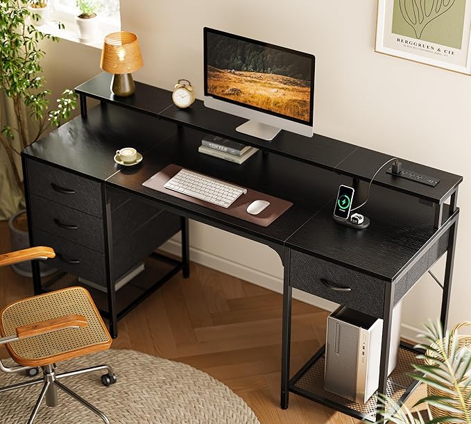 Huuger 63 inch Computer Desk with Power Outlets & 4 Drawers | Gaming Desk with LED Lights, Home Office Desk with Large Storage Space for Bedroom, Work from Home, Black