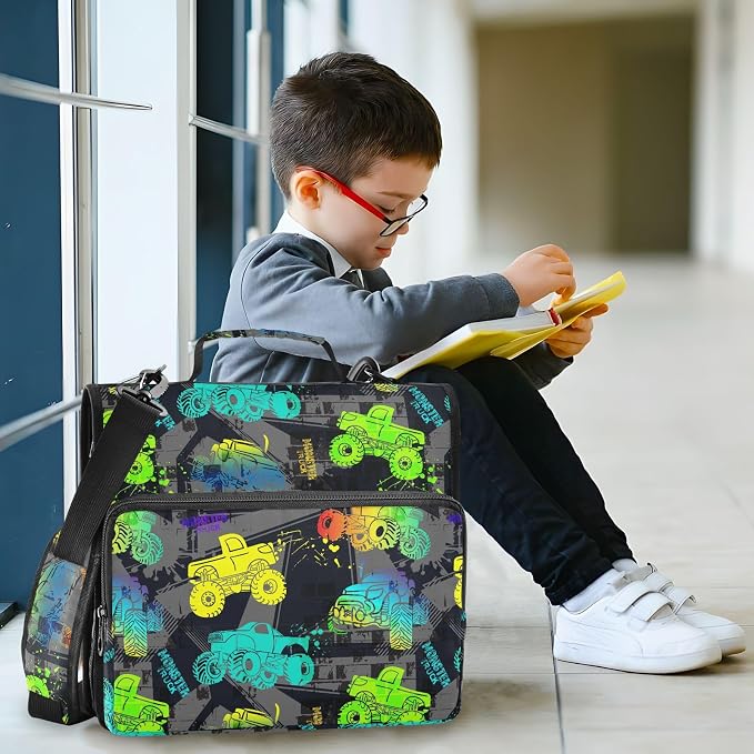 Monster Trucks Print Zipper Binder Bag 3 Ring with Shoulder Strap & Handle Multi Pocket Binder Organizer Bag Large Capacity for School Office Supplies