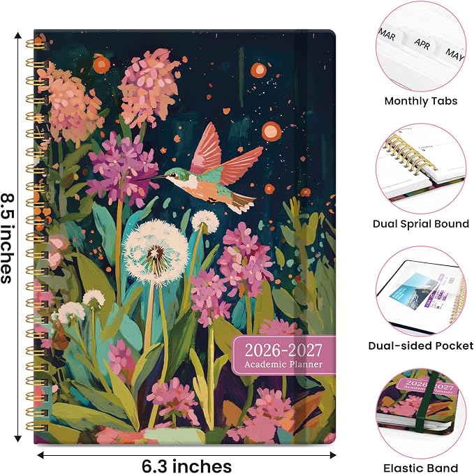Academic Planner 2026-2027, Monthly and Weekly Calendar Planner, July 2026 - June 2027, Pretty Hardcover Teacher Student Planning Agenda Book with Tabs, Fit for School Office Supplies, 6.3" x 8.5", Humming Glow
