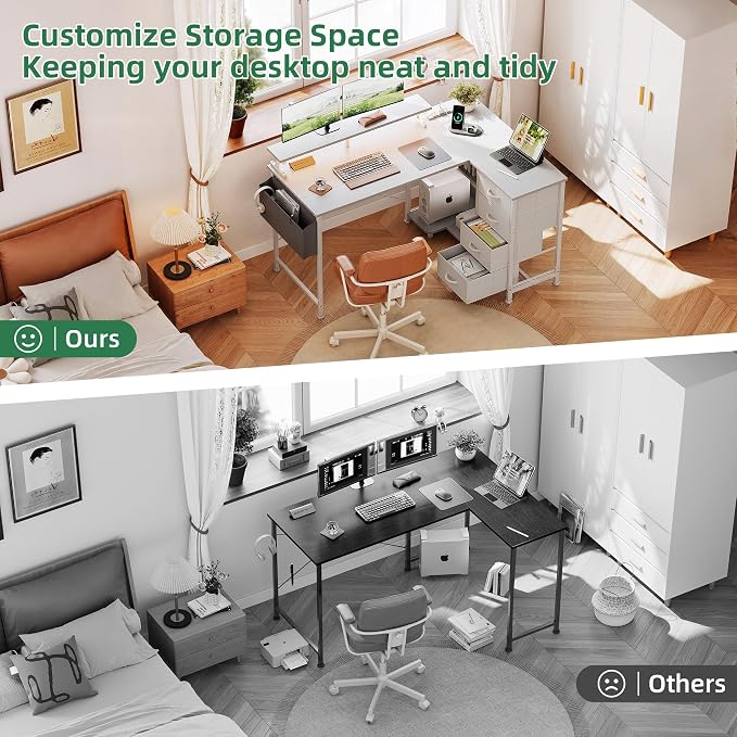 VERMESS 47" Reversible L Shaped Gaming Computer Desk, Corner Desk with Power Outlets & Monitor Stand, Writing Study Table with 4 Storage Drawers, Desk with LED Lights, White