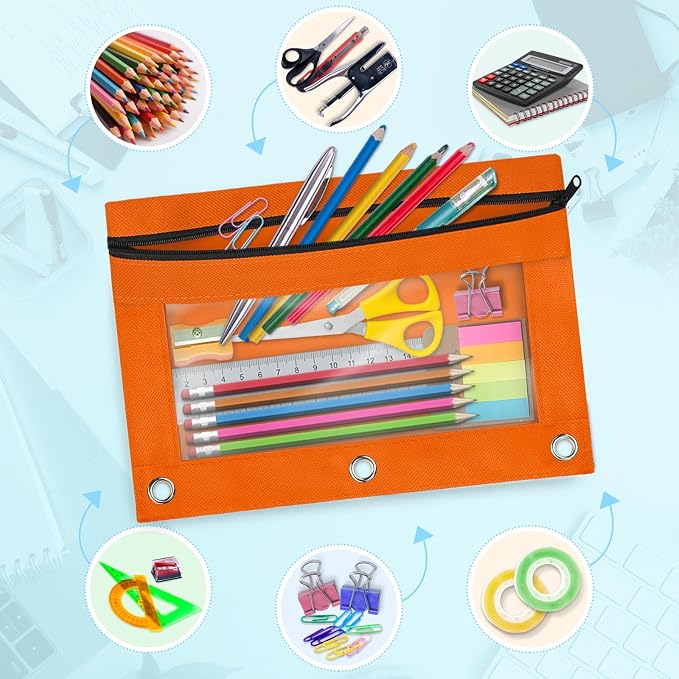 100 Pack 10 Colors Pencil Pouch for 3 Ring Binder,Binder Pencil Pouch | Clear Window Pencil Case Binder, Durable Zipper Pencil Pouch, Pencil Pouches Bulk Pencil Bags for School and Office Supplies