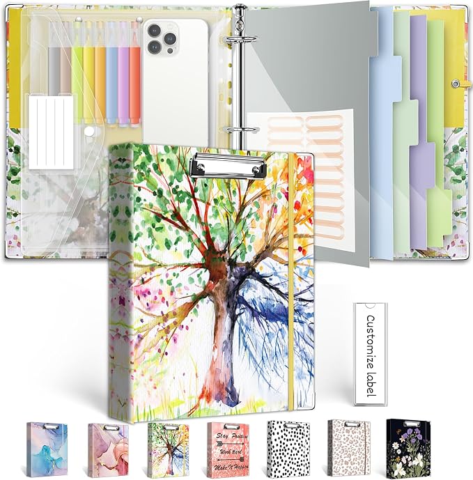1 Inch 3 Ring Binder Organizer, Three Ring Binder with Clipboard, 5-Tabs Pockets Dividers, Transparent Folder,18 Divider Stikers, BVSSX Decorative Binders for Letter Size 8.5"x11" Paper (Seasons Tree)