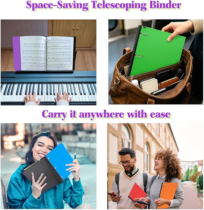 INFUN 1.5 Inch Telescoping 3 Ring Binder, 6 Pack– Portable Plastic Binder with Telescoping Spine, Holds 8.5" x 11" Paper, Assorted Colors–Perfect for School, Office & Home