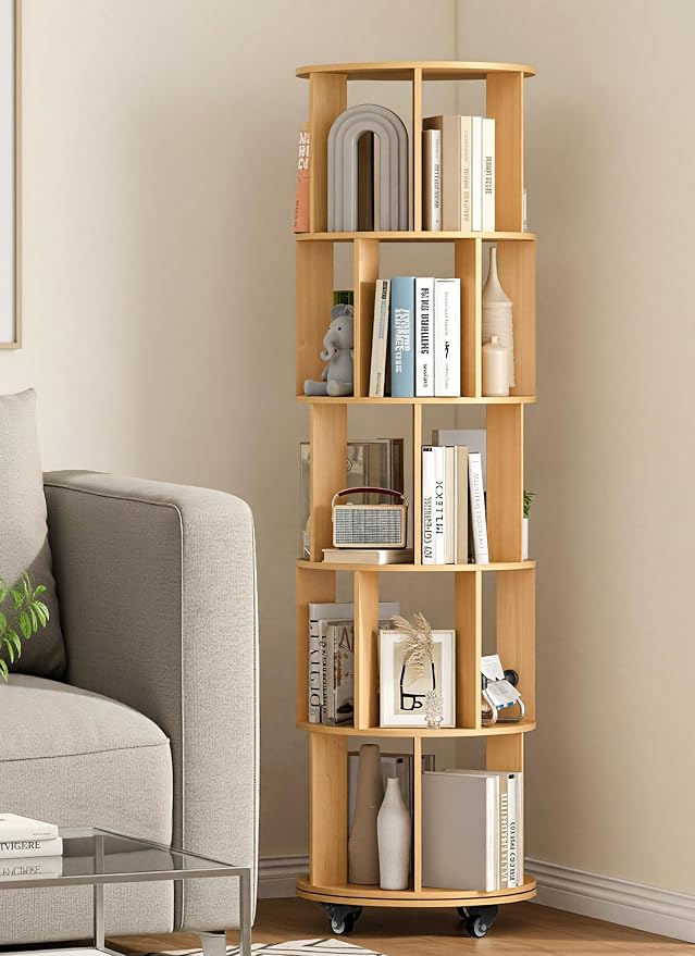 5 Tier Rotating Bookshelf 360 ° Rotating Bookshelf Tower Wood Revolving Bookcase Tall Narrow Spinning Book Shelf Tower with Storage and Sturdy Construction for Bedroom, Living Room, Office(Wood)