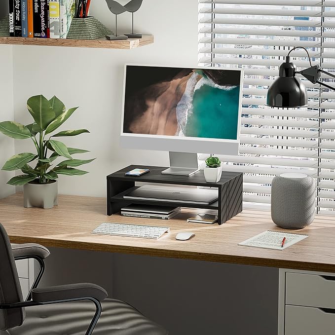 FITUEYES Wooden Monitor Stand Riser, 2-Tier Desk Storage Shelf, Black | 16.7-Inch Desktop Organizer Fits Laptop, Computer Screen and Office Supplies