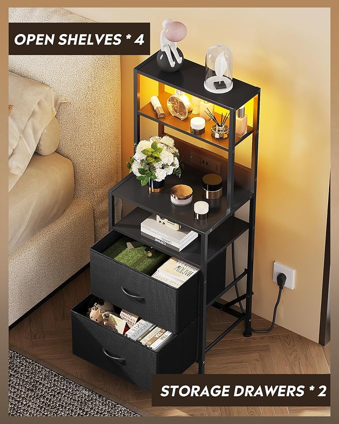 WLIVE Nightstand Set of 2 with Charging Station, LED Night Stand Sets with 2 Drawers and 4 Storage Open Shelves, Fabric Dressers for Bedroom, Black