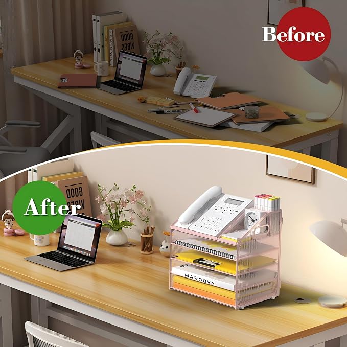 5 Tier Mesh Desk Organizer with Pen Holder and Handle Letter Tray | Metal desktop document shelf and paper sorter. Premium mesh workspace storage for office, home, and classroom