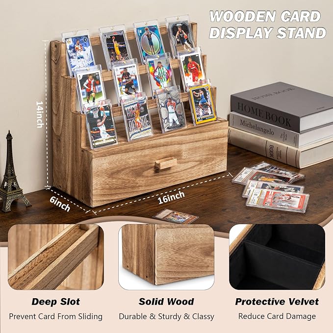 Emfogo Trading Card Display, 3-Tier Card Display Case with Custom Drawer, Wood Graded Card Display with Supporters and Dividers, Sports Card Display Case (Brown)