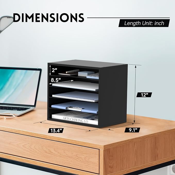 5 Tier Wood Desk Organizer, Mail Sorter and Paper Organizer for Desk, Black | Wooden Desktop Organizer for Sorting Papers, Letters and Mails, Literature Organizer for Home Office, Classroom Organization