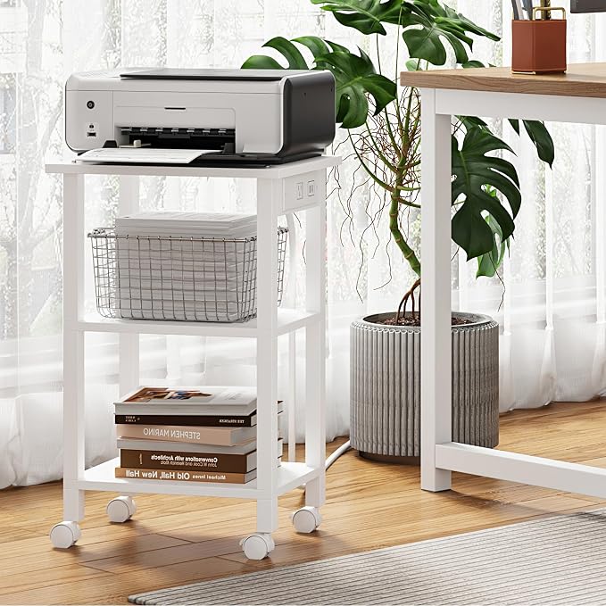 TUTOTAK Printer Stand, 3 Tier Rolling Printer Cart with Charging Station | Small Under Desk Printer Table with Wheels for Small Space, Office, Home, White PS02BW001