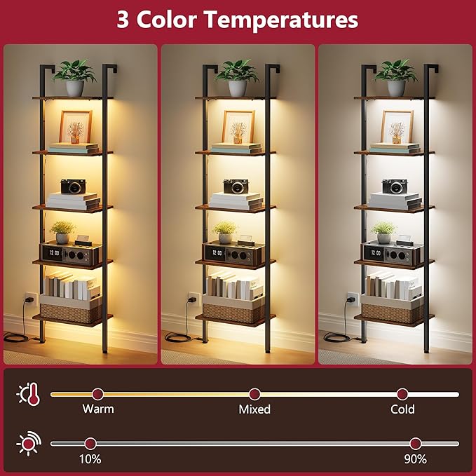 5 Tier Ladder Bookshelf with Light, Wall Ladder Shelf Rustic Brown