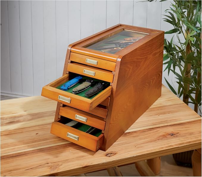 Collector's Cabinet Display Case for Collectibles, Wood 7-Drawer Storage Organizer Oak