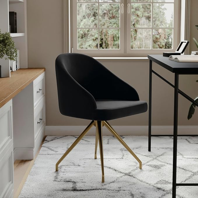 Martha Stewart Sora Upholstered Stationary Office Chair, Black | Polished Brass Frame