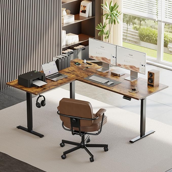 Agilestic 75 x 61 Inch L Shaped Standing Desk with Powerstrip, Rustic Brown | Outlets, Cable Management, Corner Desk, Ample Workspace, Memory Presets, Hooks, Stable Steel Frame,176 lbs, Splice Board