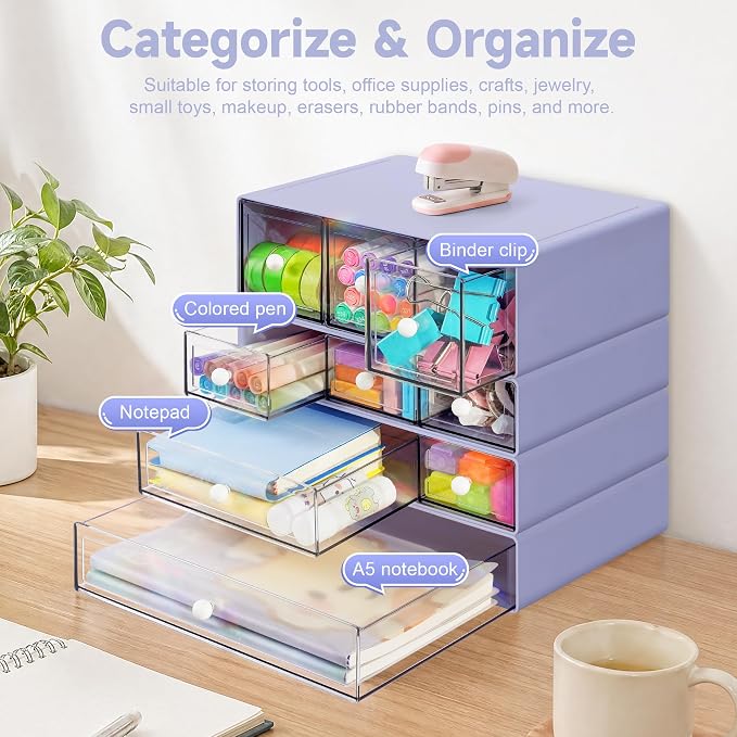 Desk Organizer with 9 Drawers, 4 Tiers Stackable Storage Drawers, Desktop Storage Box with Clear Drawers for Stationery, Makeup, Jewelry, Office and Craft Supplies (Purple)