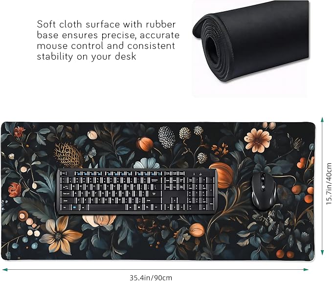 Floral Aesthetic Flower Bud Gaming Mouse Pad, Black Dark Botanical Desk Mat with Anti-Slip Base & Stitched Edges, Office & Home Desk Decor for Women, 35.4" x 15.7" in Computer Desktop Mat
