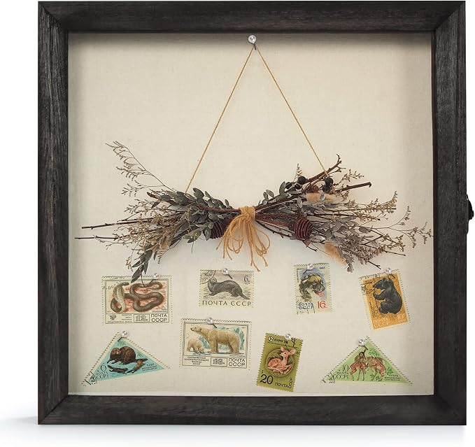 TJ.MOREE Shadow Box 12 x 12 Display Case Wood Picture Frame Memory Black | Fits 10.6x10.6 Inserts with Linen Back & Glass, Rustic Keepsake Box for Pet Memorabilia Gifts Wedding Bouquet Military Medals