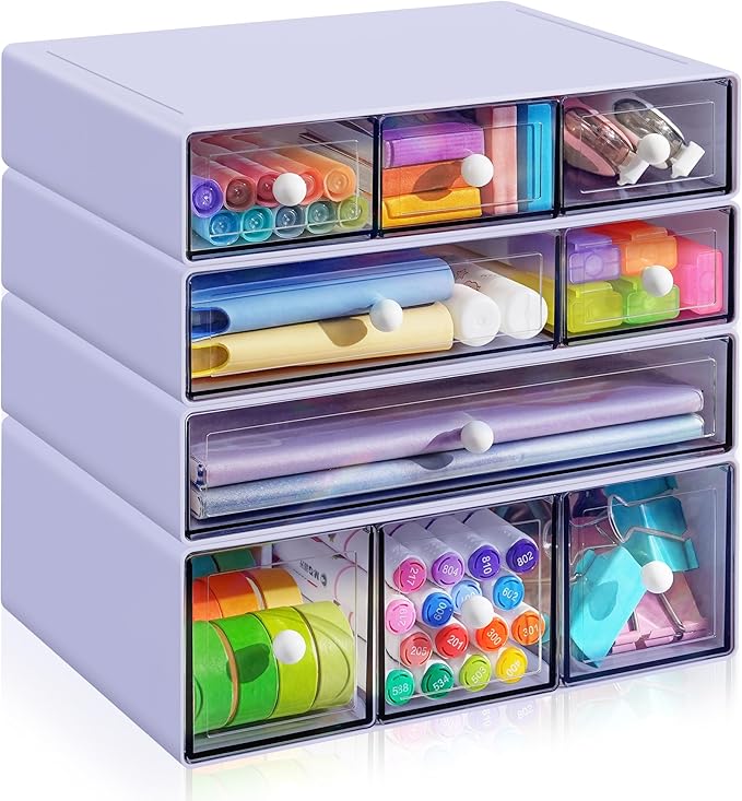 Desk Organizer with 9 Drawers, 4 Tiers Stackable Storage Drawers, Desktop Storage Box with Clear Drawers for Stationery, Makeup, Jewelry, Office and Craft Supplies (Purple)