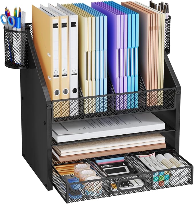 SWTYMIKI Desk Organizer with Drawers - Mesh and Wood Desk File Organizer with Pen Holders, 4-Tier Paper Organizer for Office Organizer and Accessorie, School and Home Storage, Black