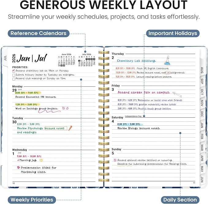 Taja Planner 2026-2027, Jul 2026-Jun 2027 Monthly & Weekly Calendar Planner | 6.3" x 8.5", Hardcover Academic Calendar, Teacher Student Agenda Book with Tabs, School Office Supplies, Blue Art