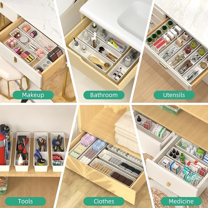 4 Pack Expandable Drawer Organizer, Desk Drawer Organizer Tray | 8 pcs Dividers Adjustable, 16 pcs Non-Slip Feet, Organizer Bins for Junk, Office, Makeup, Kitchen Utensil, Plastic, White