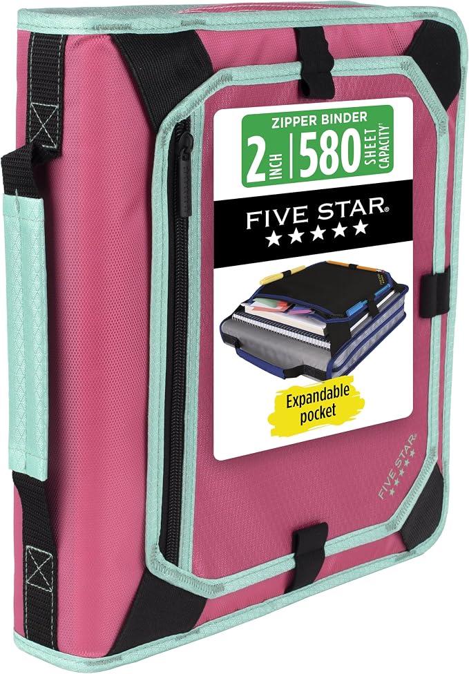 Five Star Zipper Binder 2 Inch O-Rings Case Organiser with Expansion Panel and 5-Tab Expanding File Folder, 580 Sheet Capacity, Taffy Twist (290520L)