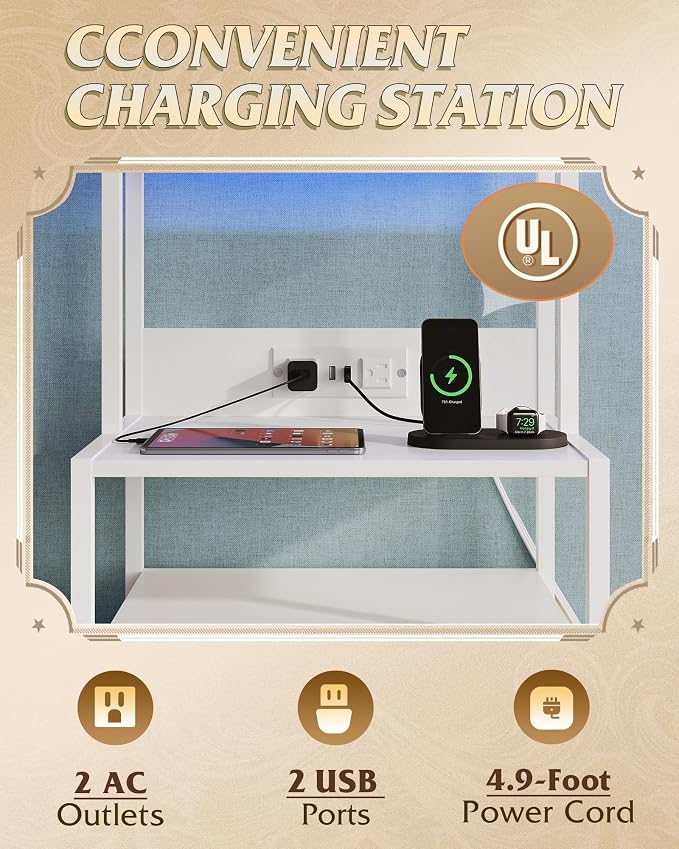 WLIVE Nightstand Set of 2 with Charging Station, LED Night Stands with 2 Fabric Drawers and 4 Storage Open Shelves, Bedside Table for Bedroom, White
