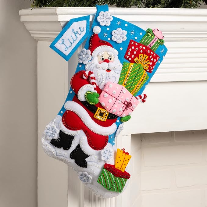 Bucilla Felt Applique Stocking Kit, Santa's Gift Galore 18" Felt Applique Stocking Making Kit, Perfect for DIY Arts and Crafts, 89560E