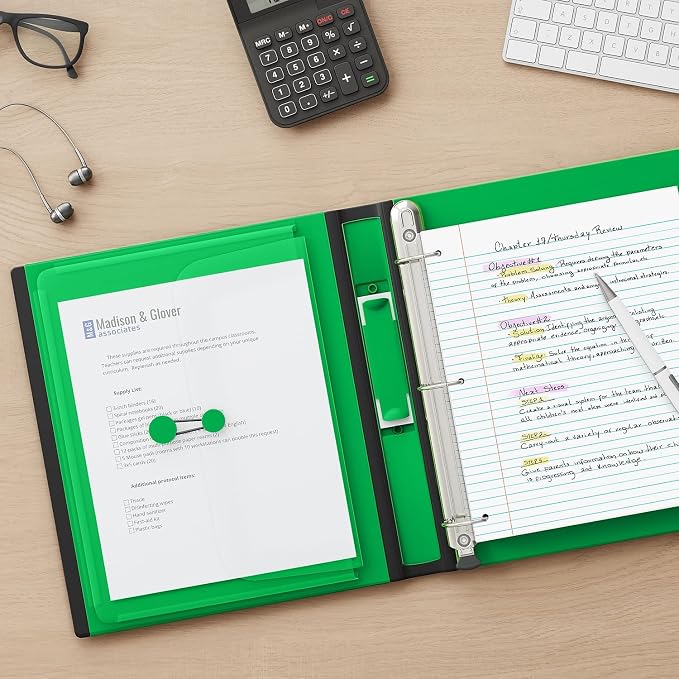 Staples Better View 1-Inch D-Ring Binder, Green, Clear Overlay | Durable 3-ring binder for school and office document organization.