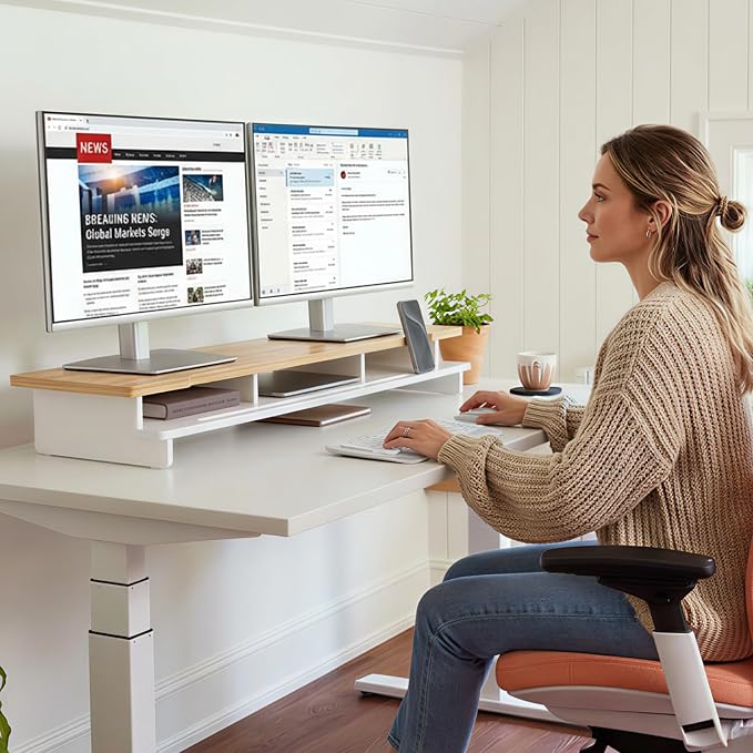 42.5" Dual Monitor Stand Riser with Phone Holder Desk Shelf White | Double Computer Monitor Stand for 55-72" Desk Wood Storage Organizer Cozy Computer Setup Workplace Organizer Keyboard Storage