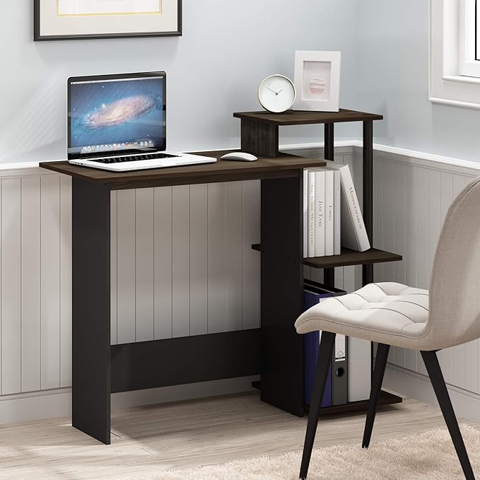 Furinno EFFICIENT Desk, 28.6" Wide Gaming Desk with 3 Open Side Shelves, Laptop Notebook Computer Desk, Office Desk for Home Office, Study Room, Dorm, Bedroom, Columbia Walnut